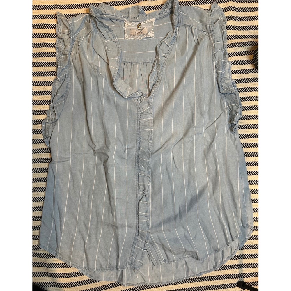 CUPIC Light Blue‎ White Stripe Ruffled Sleeve Button Down Shirt Top Womens
